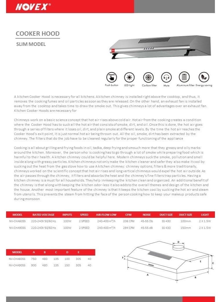 نوفيكس نوفكس شفاط مطبخ فضي 90 سم – قوة شفط 320 م³/ساعة، مروحة شفط للمطبخ، 3 سرعات مع تحكم بأزرار ضغط، إضاءة LED - Image 3